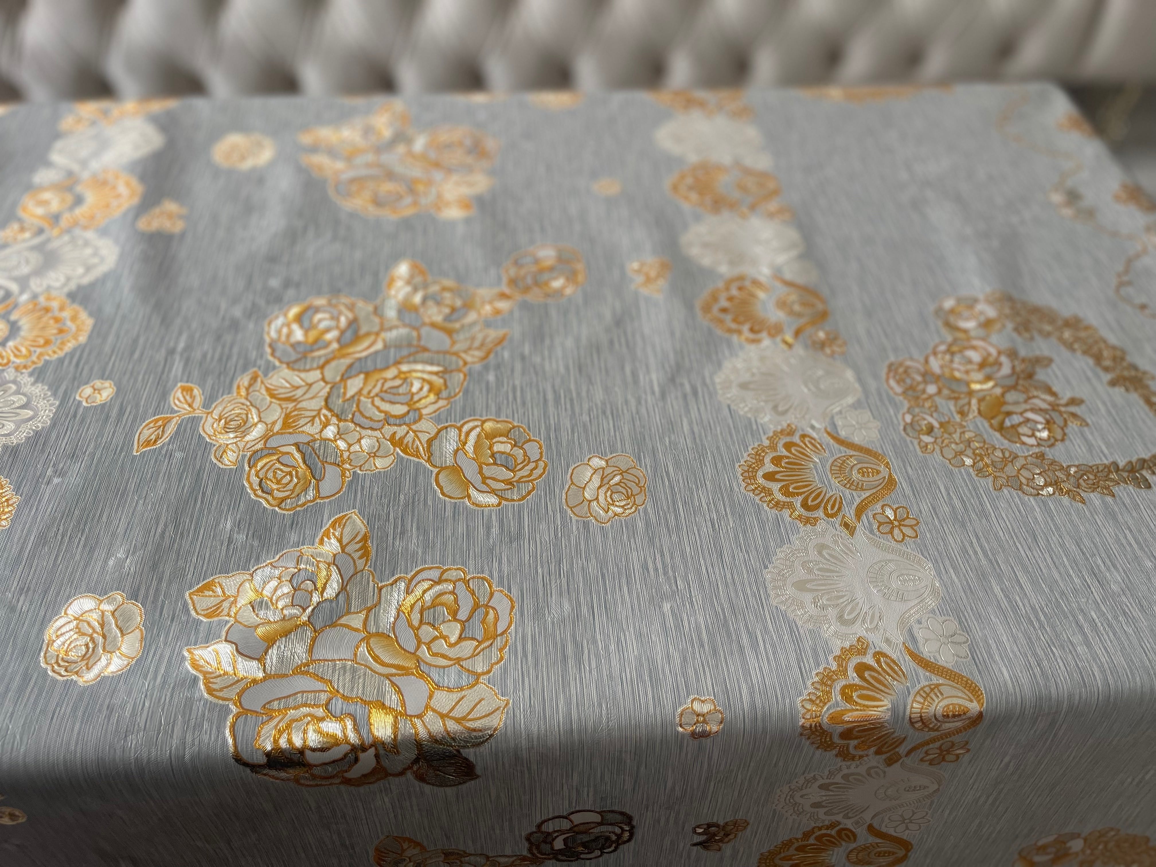 Golden Design Grey Background Printed Vinyl Tablecloth - PVC Tablecloth