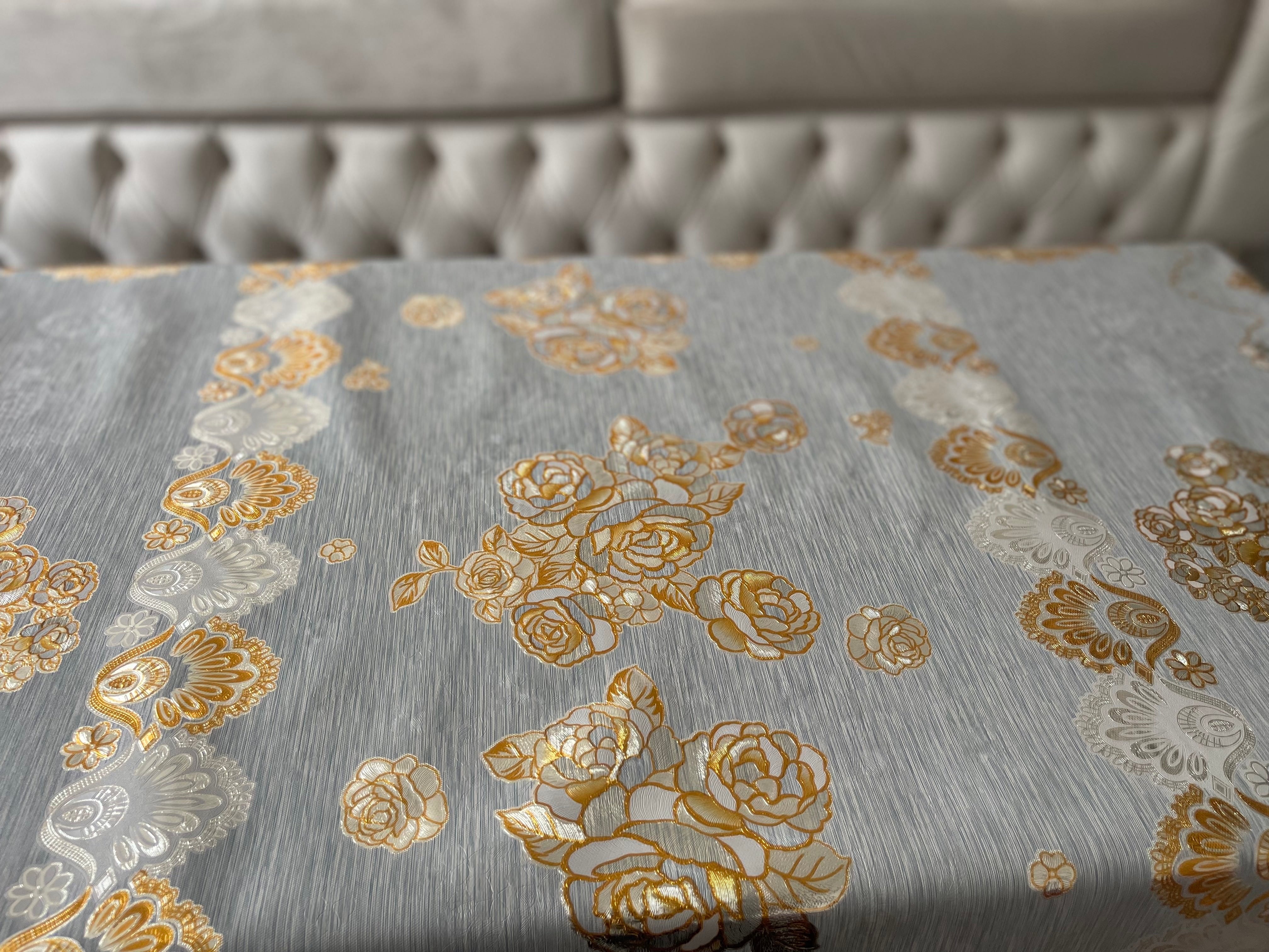 Golden Design Grey Background Printed Vinyl Tablecloth - PVC Tablecloth